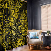 Yellow and black Polynesian window curtain with scrolling tribal pattern, hanging side by side