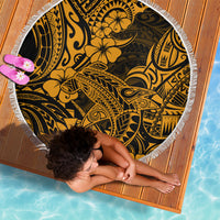 Round beach blanket (150cm) black and gold Polynesian-style pattern, white fringe edge
