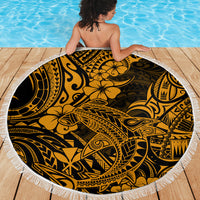 Round beach blanket (150cm) black and gold Polynesian-style pattern with white fringe