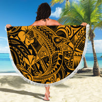 Round beach blanket black and gold Polynesian-style pattern, white fringed border
