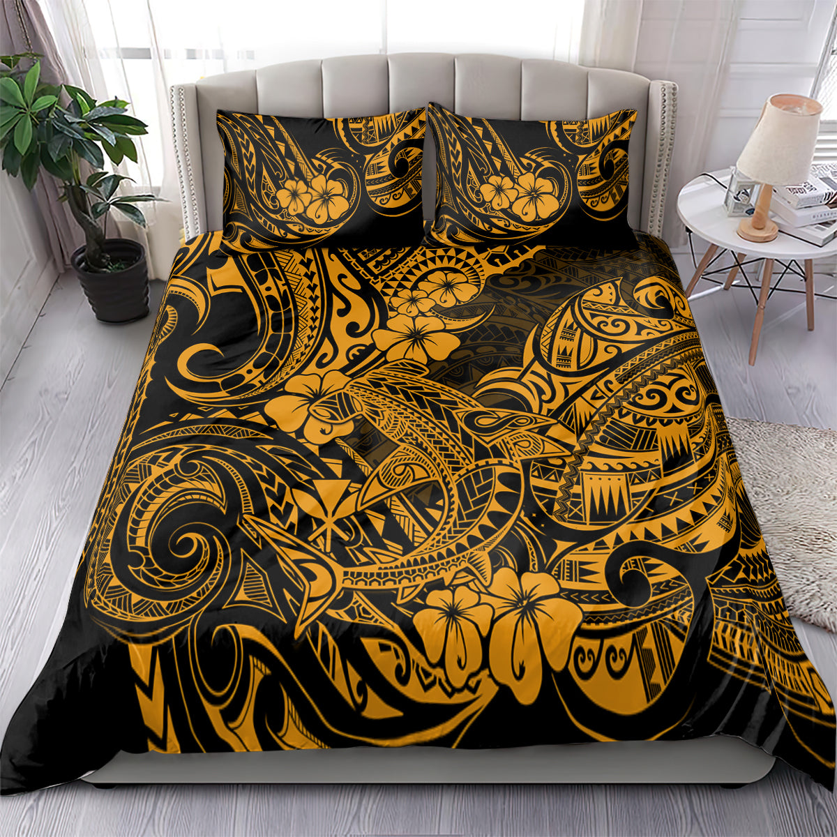 Gold and black Polynesian patterned bedding set with matching pillows
