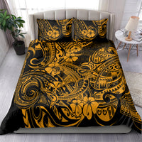 Gold and black Polynesian patterned bedding set with matching pillows