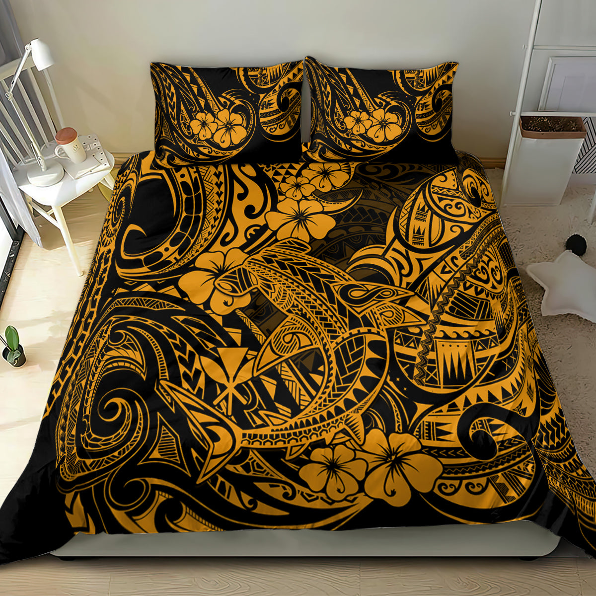 Gold and black Polynesian patterned bedding set on bed with two pillows