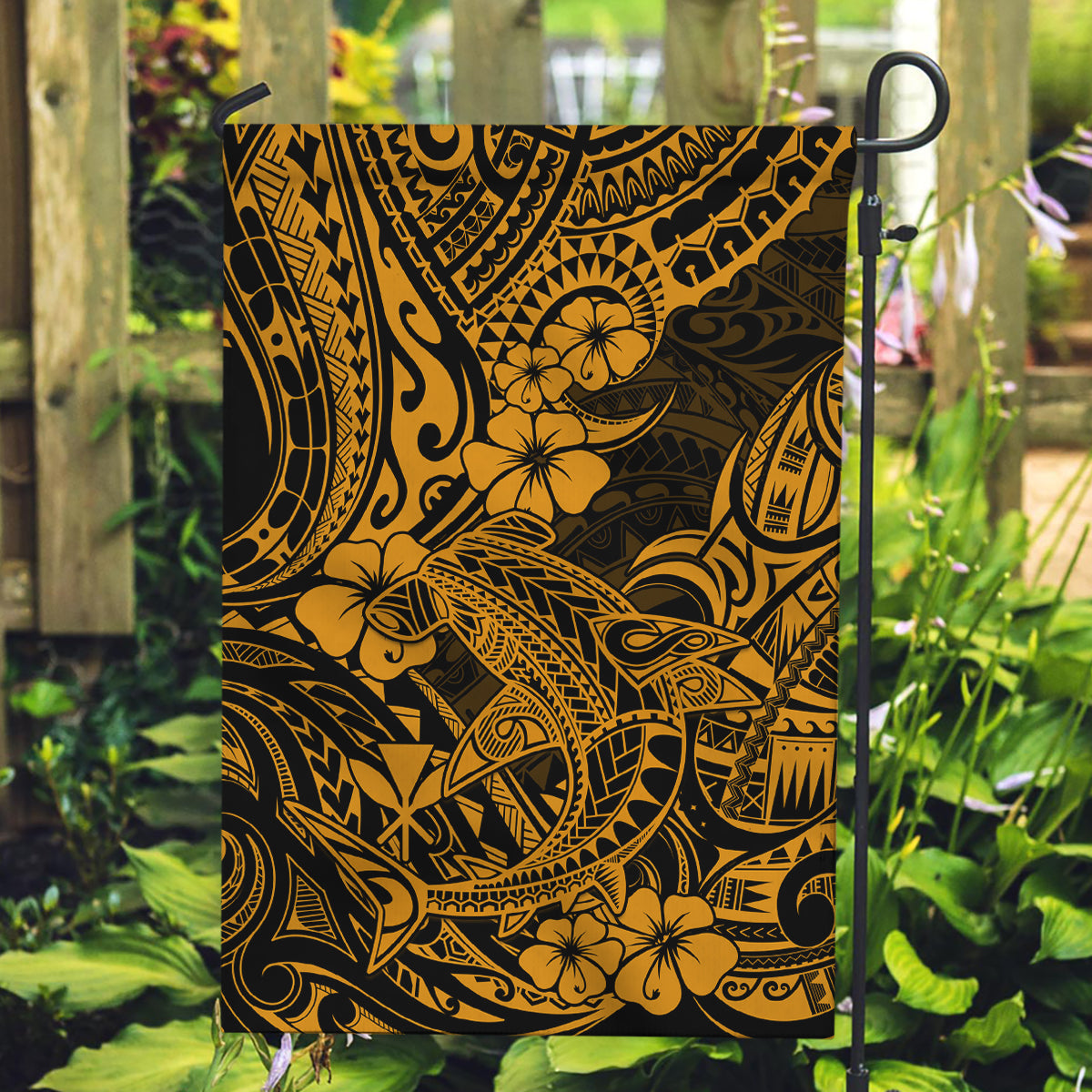 Hawaii Shark Garden Flag Polynesian Pattern Gold Version - Wonder Print Shop