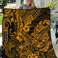 Gold and black Polynesian shark quilt with ornate tribal swirl and floral pattern