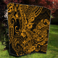 Folded gold and black Polynesian shark quilt with dense tribal scrolls and flowers