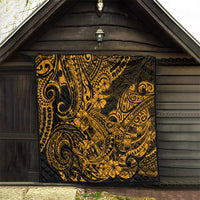 Gold and black Polynesian shark quilt hanging, tribal swirl and flower pattern