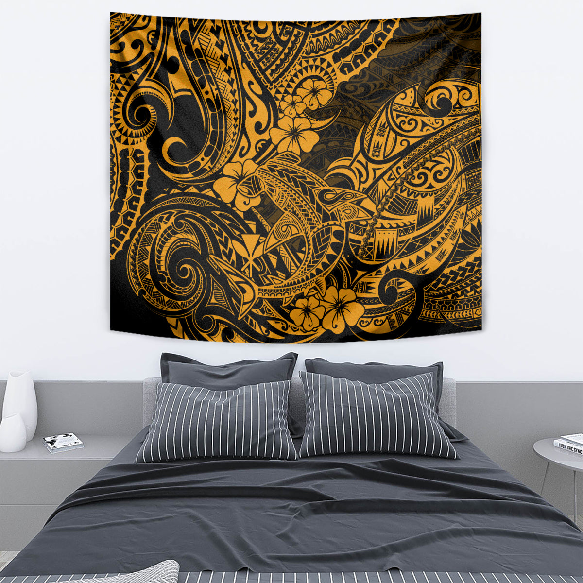 Polynesian shark wall tapestry, gold filigree motifs on a dark background.