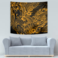 Polynesian shark tapestry in gold and dark with swirling tribal designs and flowers.