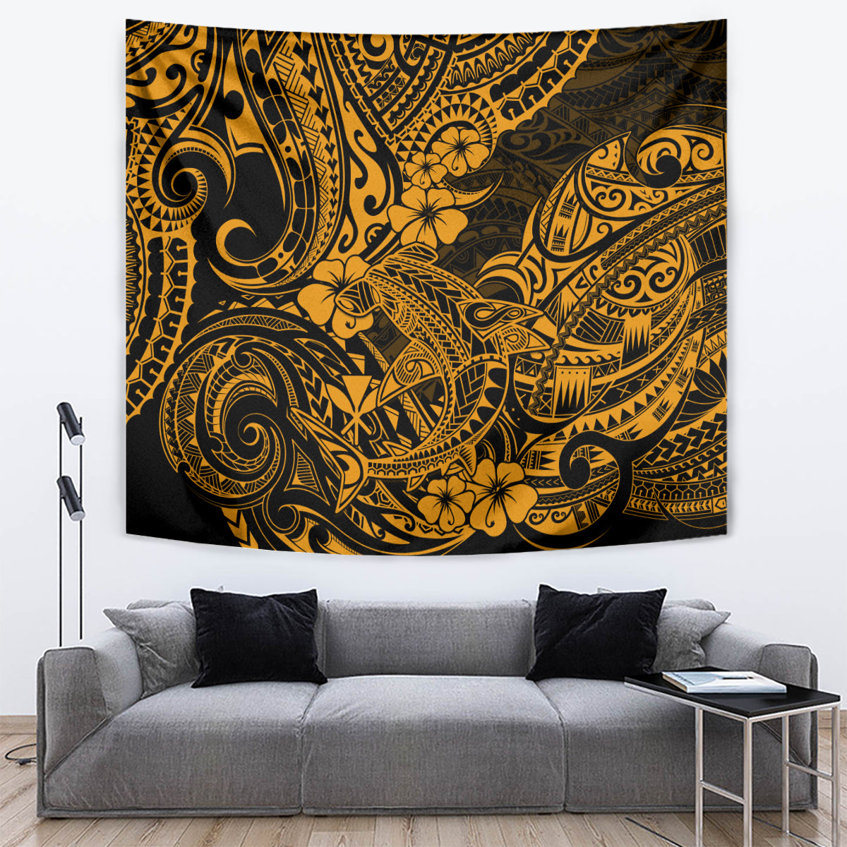 Polynesian shark tapestry featuring gold tribal patterns and spirals on dark fabric.