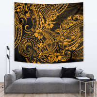 Polynesian shark tapestry featuring gold tribal patterns and spirals on dark fabric.