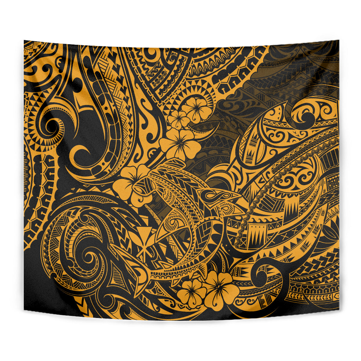 Close-up Polynesian shark tapestry showing gold floral and spiral motifs on dark fabric.