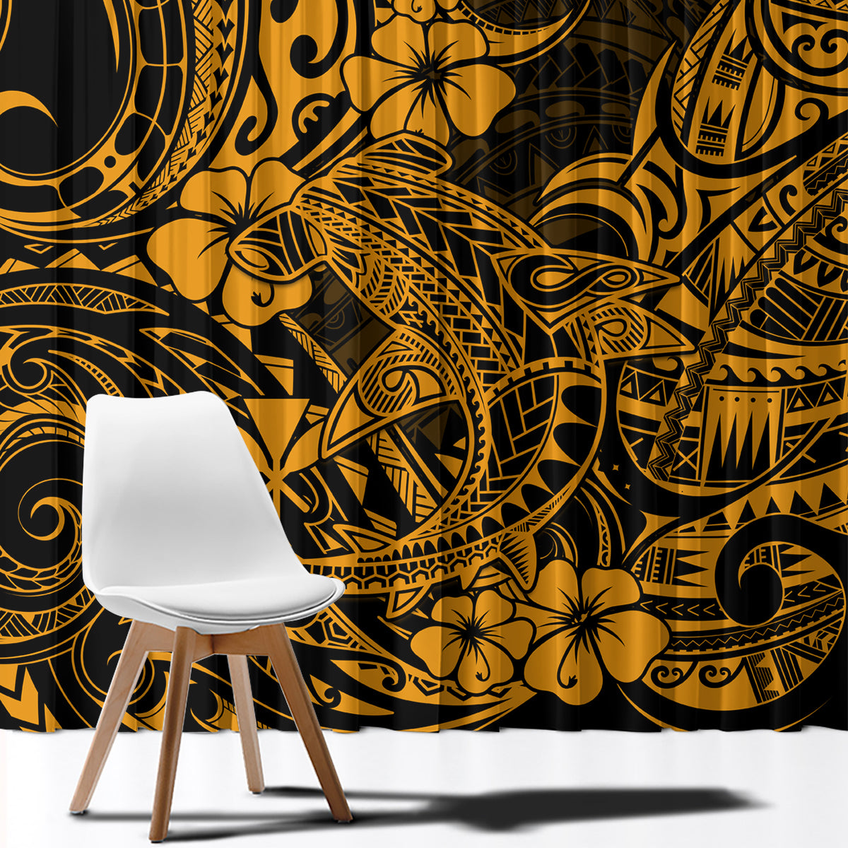 Gold and dark Polynesian shark patterned curtain panel with detailed motifs and flowers.