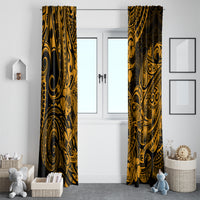 Gold and dark Polynesian shark patterned curtains centered on a doorway with tie tops.
