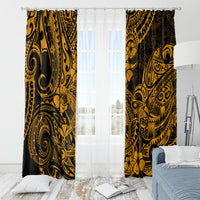 Gold and dark Polynesian shark patterned curtains with hooks, flanking sheer white panel.