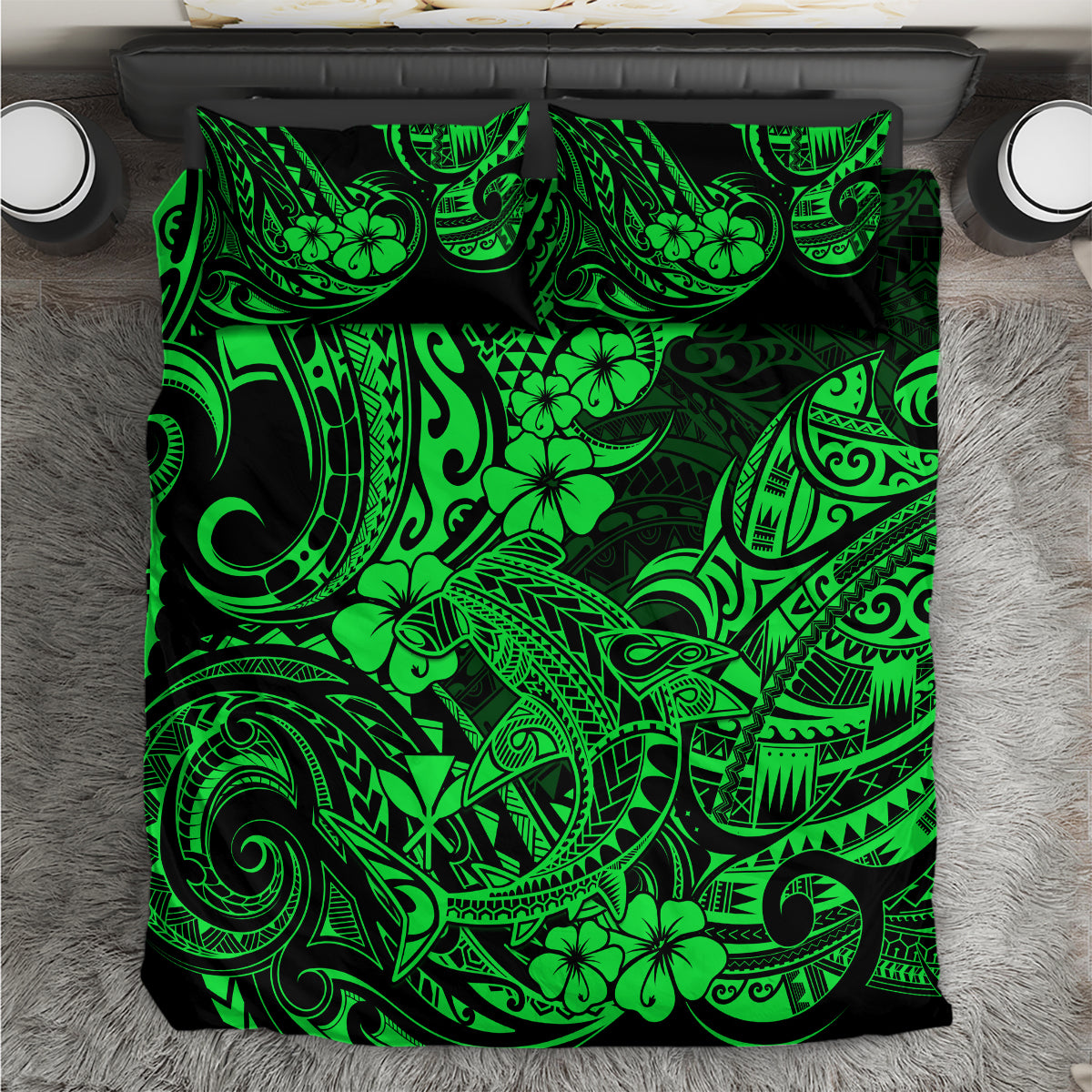 Green Polynesian shark bedding set with bold neon floral tribal pattern