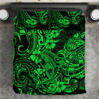 Green Polynesian shark bedding set with bold neon floral tribal pattern