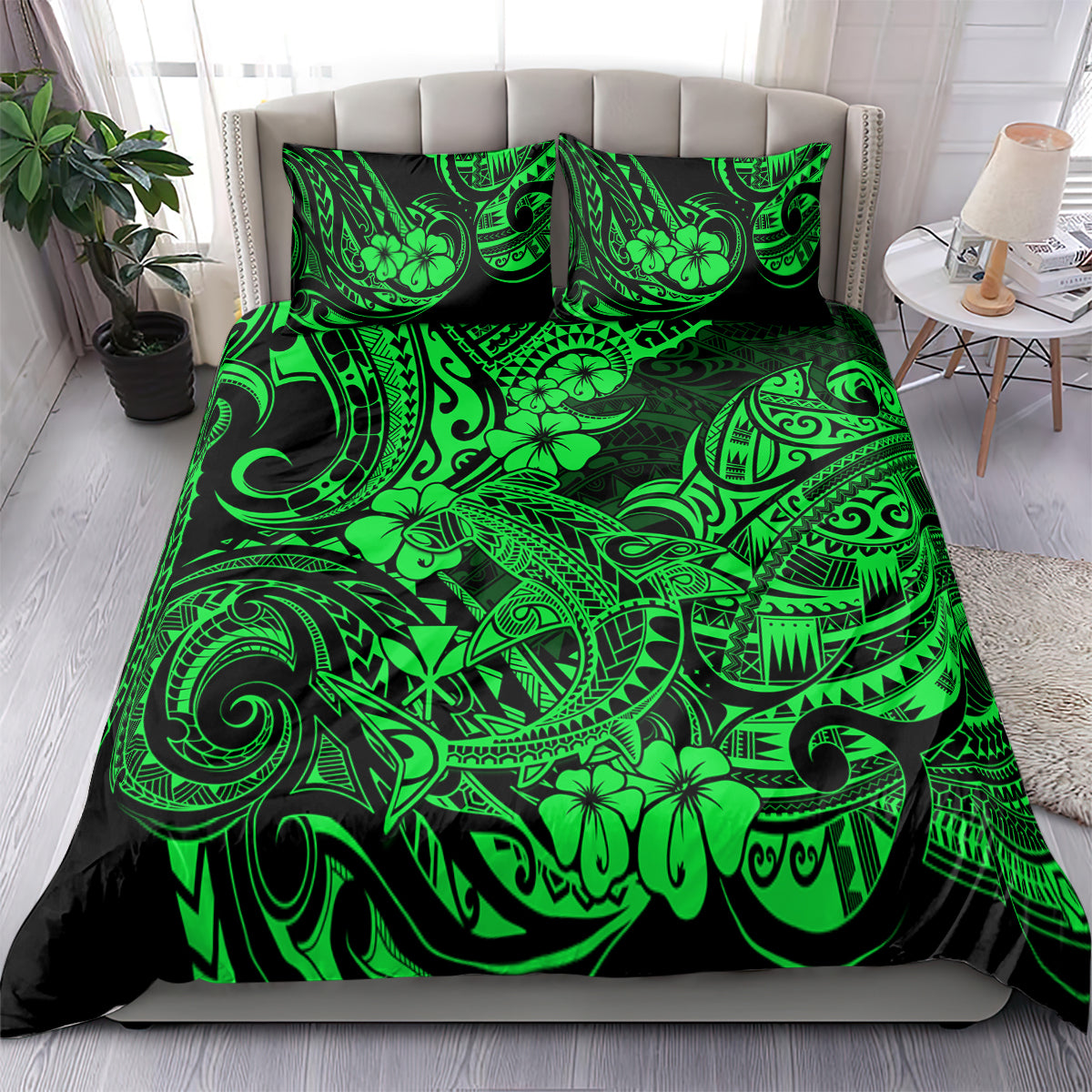 Green tribal shark bedding set, comforter and pillows on a full bed