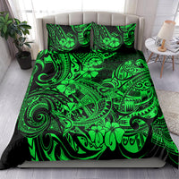 Green tribal shark bedding set, comforter and pillows on a full bed