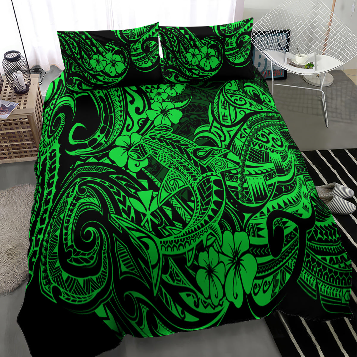 Green Polynesian shark comforter with coordinated pillow set in bold tribal print