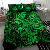 Green Polynesian shark comforter with coordinated pillow set in bold tribal print