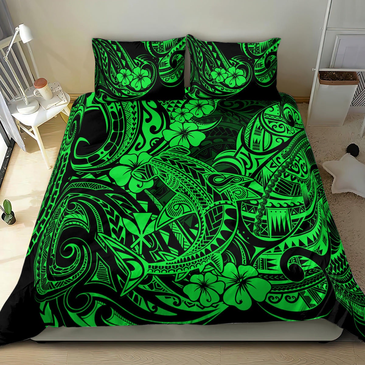 Green Polynesian shark bedding set on bed with matching pillow shams