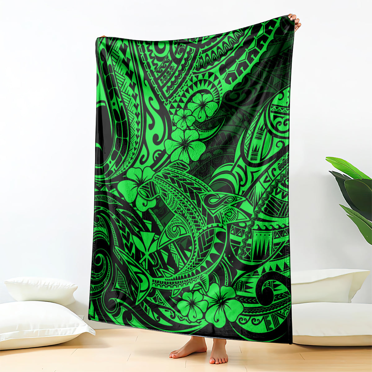 hawaii-shark-blanket-polynesian-pattern-green-version