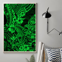 Framed green Polynesian shark canvas wall art, close-up view of tribal swirls and flowers.