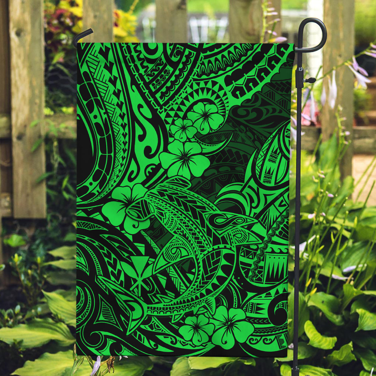 Hawaii Shark Garden Flag Polynesian Pattern Green Version - Wonder Print Shop