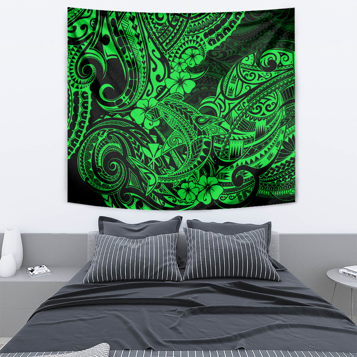 Green Polynesian shark tapestry with detailed swirl and floral motifs