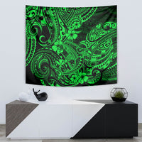 Green Polynesian shark tapestry featuring tribal masks, swirls, and flowers