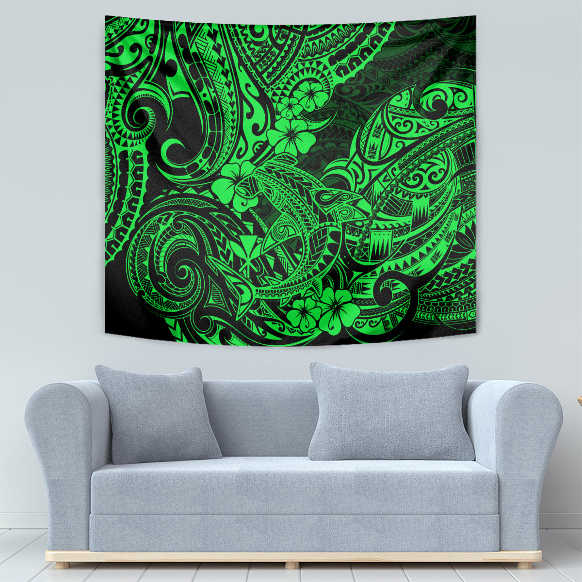Green Polynesian shark pattern tapestry with bright decorative linework