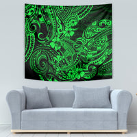 Green Polynesian shark pattern tapestry with bright decorative linework