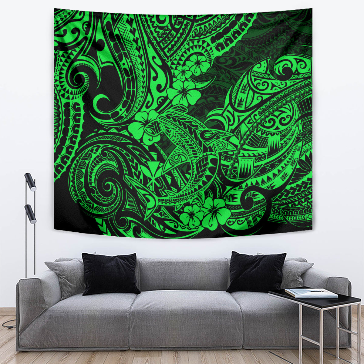 Green Polynesian shark tapestry with ornate tribal designs and clover accents