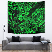 Green Polynesian shark tapestry with ornate tribal designs and clover accents