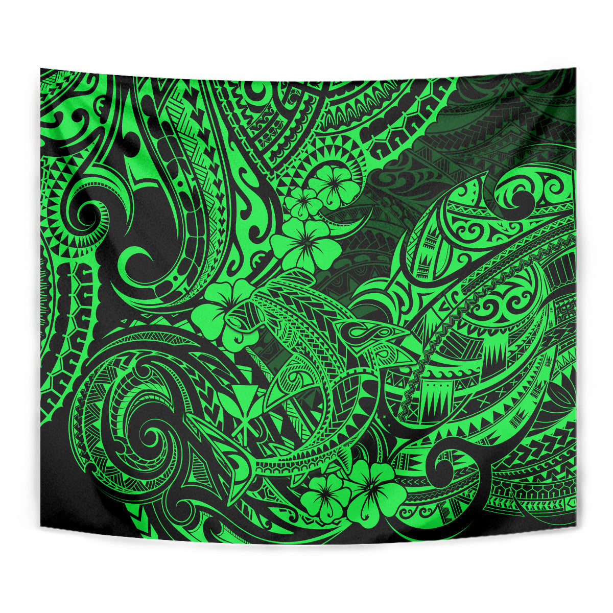 Green Polynesian shark tapestry close-up showing swirls, masks, and flower shapes