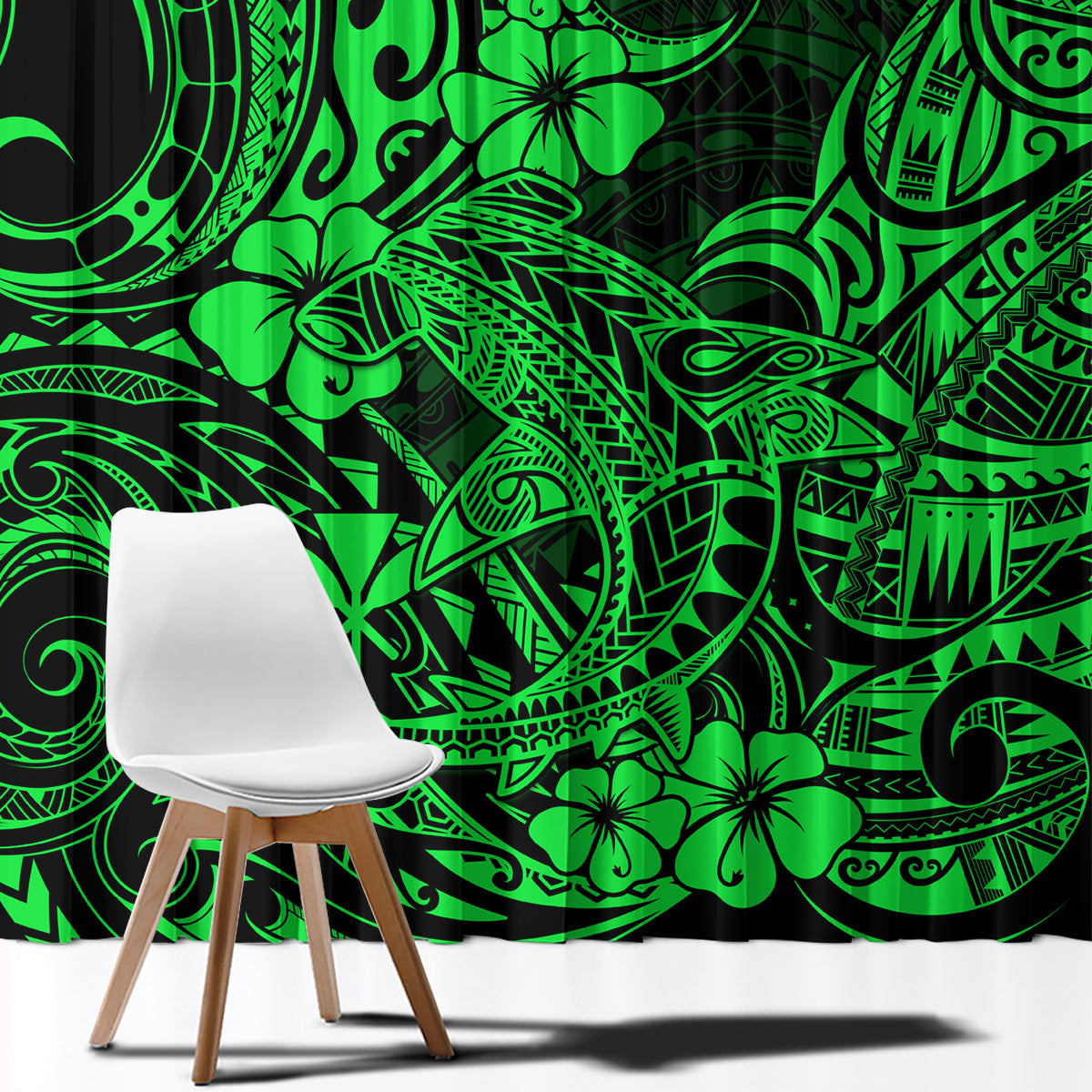 Green and black tribal window curtain close-up with bold floral and swirl motifs
