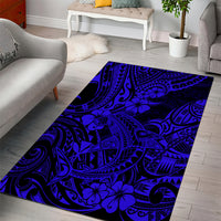 Navy blue Polynesian area rug with dark blue shark motif, waves, and hibiscus-like flowers