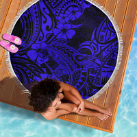 Round navy beach blanket with fringed edge, blue Polynesian shark motif