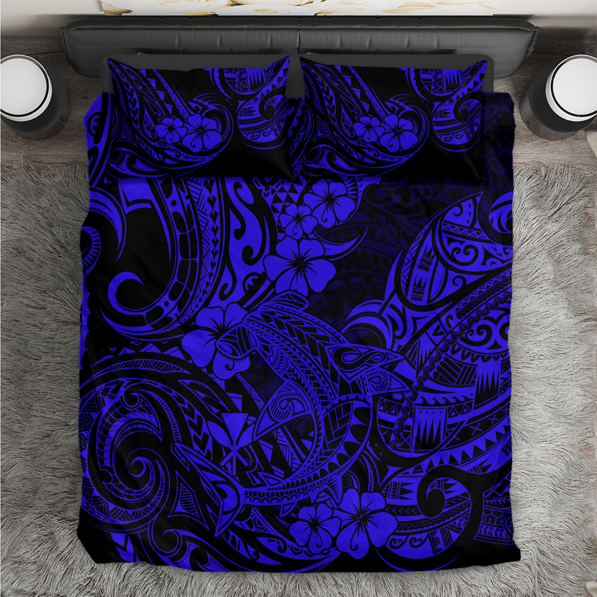 Dark navy bedding duvet cover with blue Polynesian tribal pattern and hibiscus flowers