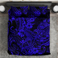 Dark navy bedding duvet cover with blue Polynesian tribal pattern and hibiscus flowers