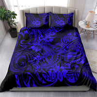 Navy blue bedding set duvet with matching pillowcases, bold Polynesian tribal pattern