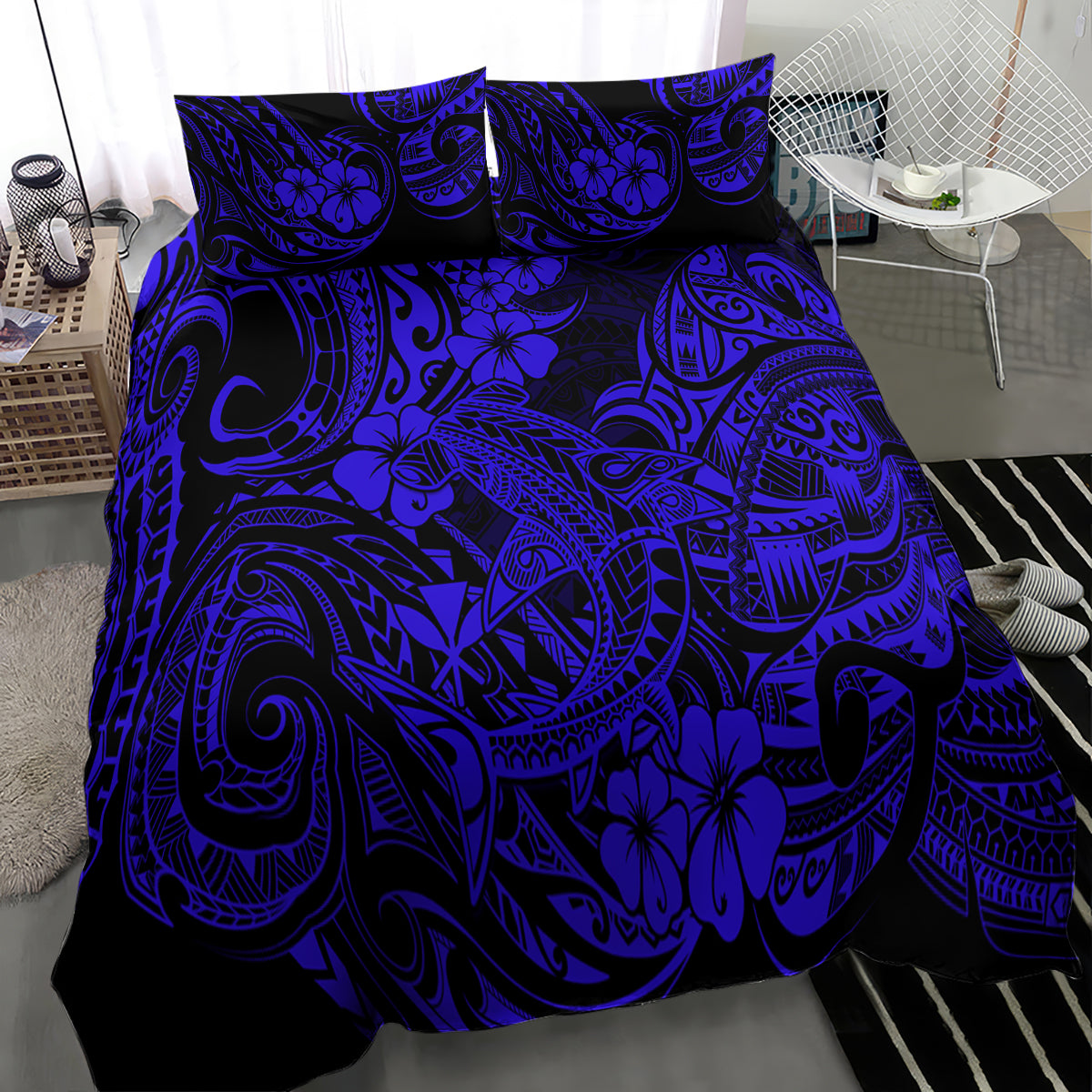 Navy blue bedding set duvet with Polynesian tribal motifs and hibiscus flower design