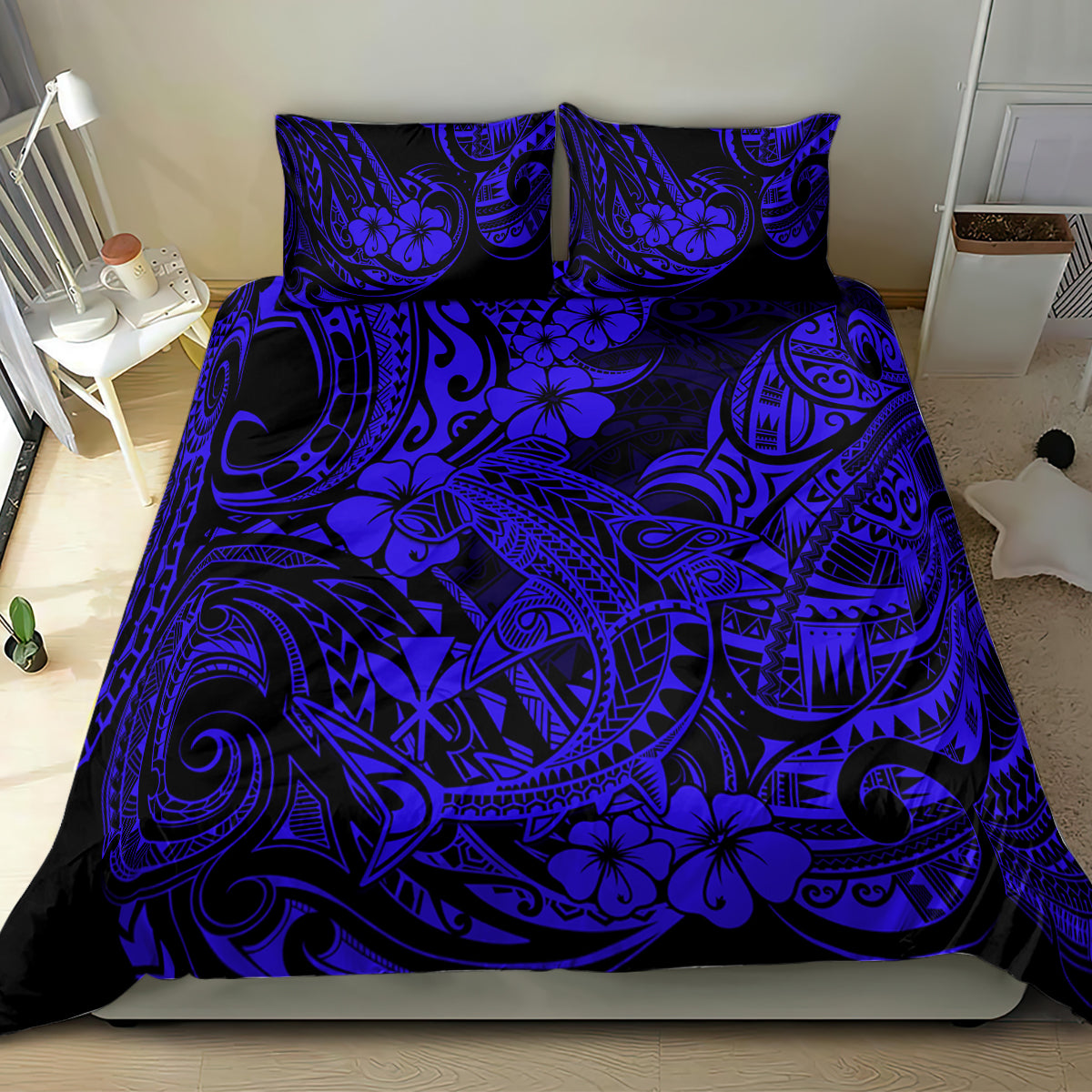 Navy blue duvet cover with matching pillow shams, bold Polynesian tribal pattern