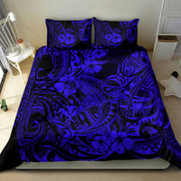 Navy blue duvet cover with matching pillow shams, bold Polynesian tribal pattern