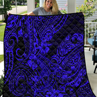 Navy-blue Hawaii shark quilt with bold black swirls and floral motif, square throw blanket