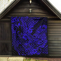 Navy-blue Hawaii shark quilt hanging outdoors, black base with swirling designs and flowers