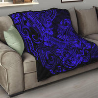 Navy-blue Hawaii shark quilt on sofa cushion, black backing with swirling ocean and flower details