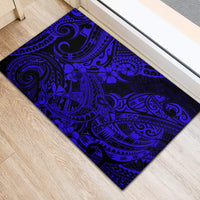 Navy rubber doormat with intricate blue Polynesian swirl and floral pattern