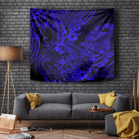Navy blue Hawaiian shark tapestry with Polynesian swirl and floral patterns